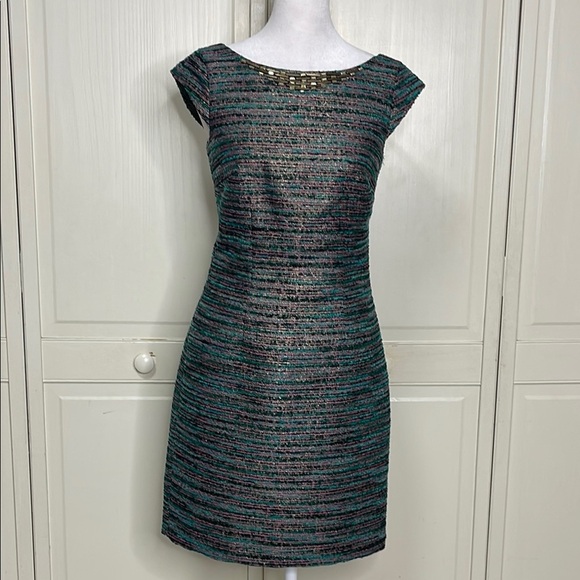 Laundry by Shelli Segal Women’s Sz 0 Tweed Sheath Dress Gold Tone Embellishment - Picture 1 of 14